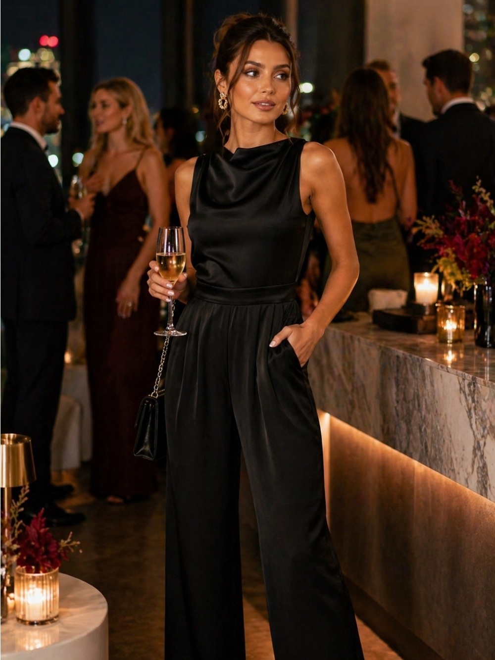 Nonchalant Jasmine Black Satin Open Back Jumpsuit XL NWT Wide Leg Elegant